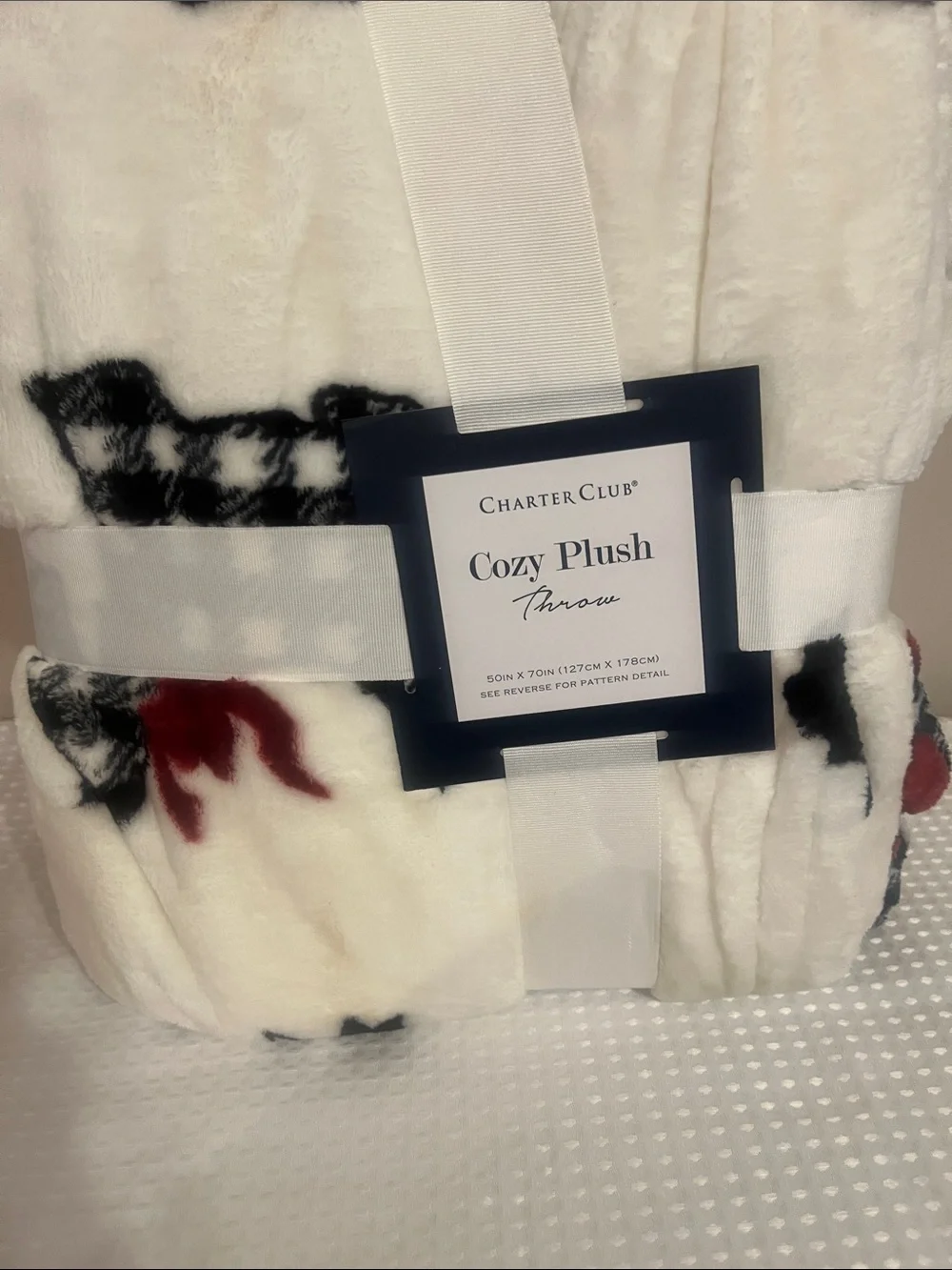 Charter Club Plush Throw Blanket in Cream Black & Red Accents